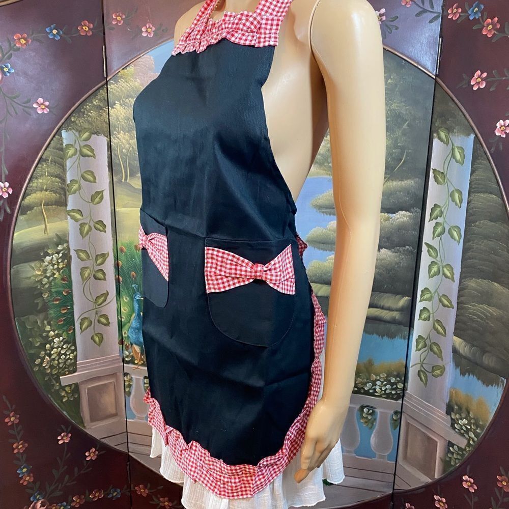 Gorgeous apron Black with Red & White Check Bows & Ruffles